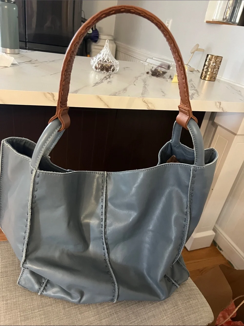 The Sak Two-Tone Blue Leather Tote with Tan Strap